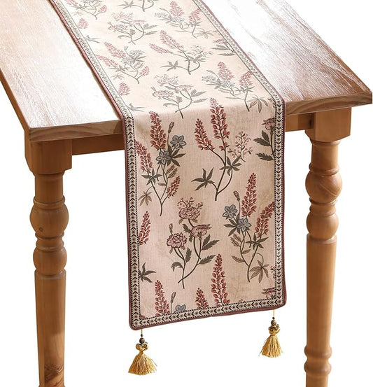 Designer Light Beige Linen Extra Long Table Runner 118 Inches,Vintage Floral Wrinkle Resistant Table Runners for Dining Tables,Christmas,Thanksgiving,Kitchen Tables,12"*118"-Helena A