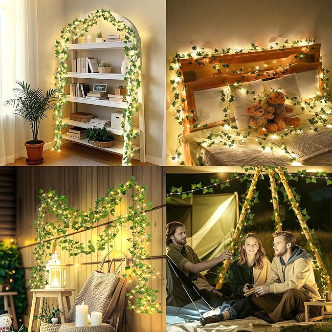 OMIKA 2 Pack 40FT 120LED Vine Fairy Lights Battery Operated, 8 Modes & Timer Ivy String Lights with Remote, Green Leaf Light for Indoor Bedroom Classroom Wall Garden Party Wedding Decor (Warm White)