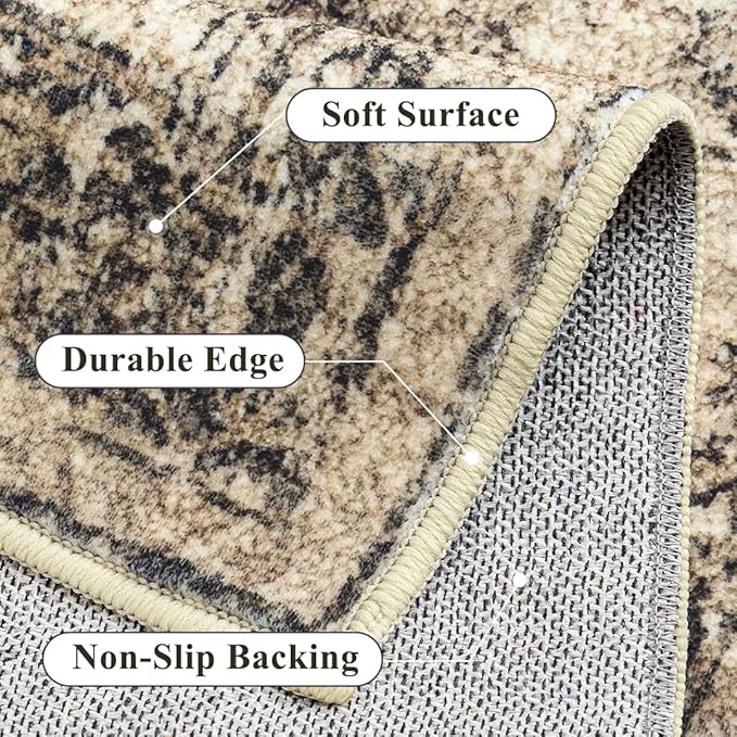 9x12 Area Rug Washable Vintage Neutral Living Room Carpet Large Indoor Non Slip Brown Bedroom Distressed Low Pile Retro Accent Throw Rug for Dining Room