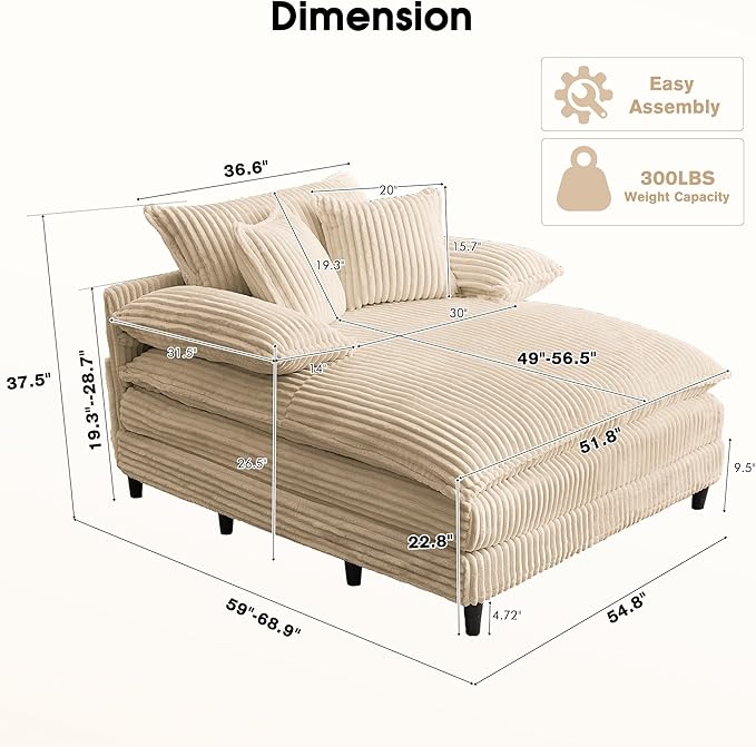 55" W Oversized Chaise Lounge Sofa Couch with 5-Position Adjustable Backrest, Corduroy Sleeper Sofa Bed, Reading Chair ‌with Deep Seat, Cloud Couches for Living Room, Khaki