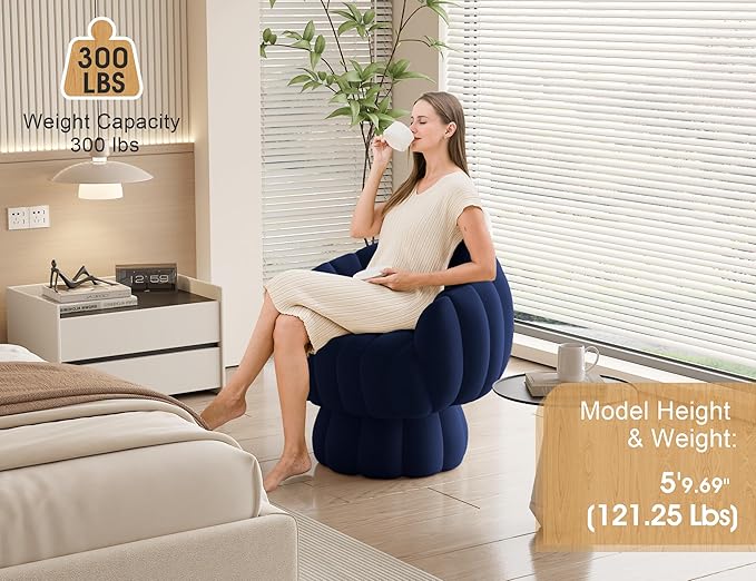 Mid Century Modern 360 Degree Barrel Swivel Accent Sofa Chair,Fluffy Velvet Fabric Lounge Wide Upholstered Pumpkin Reading Chair, Round Cloud Armchair for Living Room,Bedroom,Vanity(Navy Blue)