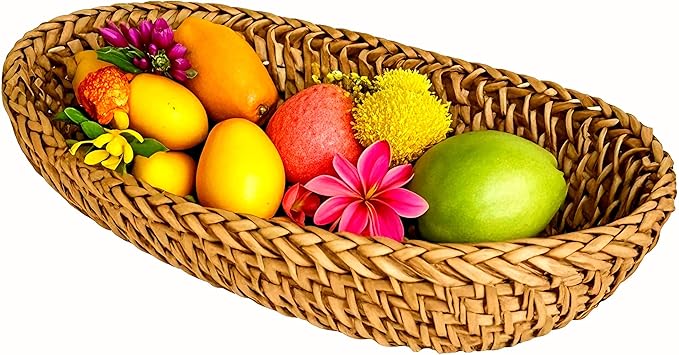 i-lan Handwoven Bread Serving Basket Bowls, Wicker Oval Fruit Bowl, Serving Bread Basket Set, Food Storage Bowl for Bread, Snack, Vegetable, Natural Brown (S: 10")