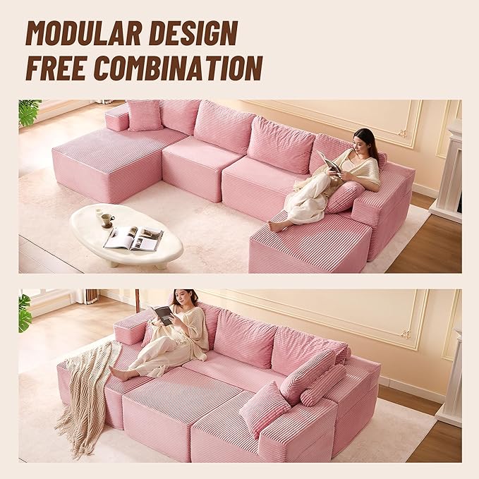 138" Boneless Couch with Deep Seat, Modular Sectional Sofa, Cloud Sectional Couch for Living Room, No Assembly Required, Corduroy, U-Shape 4 Seater Left, Pink