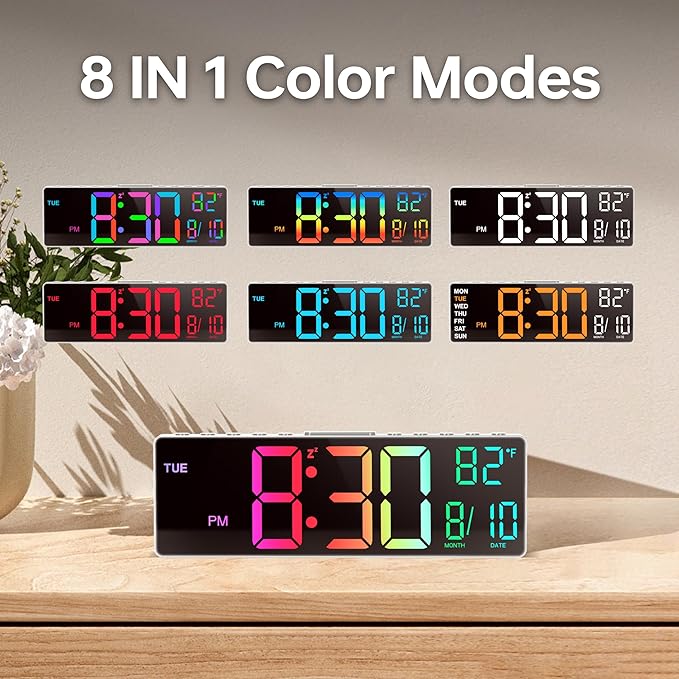 JALL 10.5'' Digital Large Alarm Clock with 8-in-1 RGB Colors, Date, Month, Temperature LED, Auto DST, Modern for Desk, Wall, Living Room, Bedroom, Birthday Xmas Gift (White, 10.5 inches)