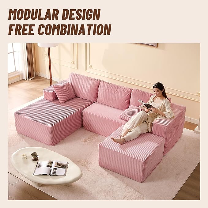 107" Boneless Couch with Deep Seat, Modular Sectional Sofa, Cloud Sectional Couch for Living Room, No Assembly Required, Corduroy, U-Shape 3 Seater Left, Pink
