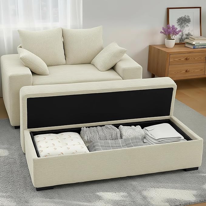 Indoor Chaise Lounge Chair with Storage Ottoman, Modern 60-Inch Lounge Sofa Chair with Wide Armrests & 4 Pillows, Oversized Comfy Reading Lounger for Living Room, Bedroom（Medium-Rib Corduroy Beige）