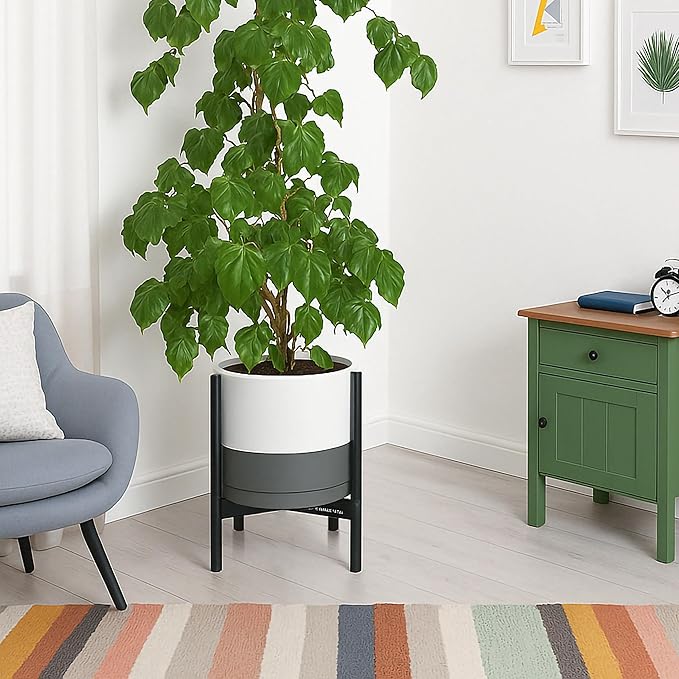 D'vine Dev Ceramic Planter with Ebony Stand - 12 Inch Modern Round Flower Pot with Wood Planter Holder, White/Grey, 55-B-H-6