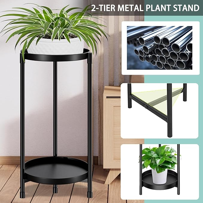 Plant Stand indoor outdoor - 2 Tier black Tall Metal Flower Pot Holder Potted Display Rack - Heavy Duty Corner Plant Shelf for Patio Garden Balcony Living Room Bedroom