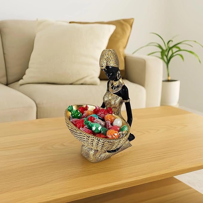 African Tribal Resin Statue - Handcrafted Gold Accent Figure with Bowl, Ethnic Home Decor Art Piece for Shelf & Table Display, Bohemian Gift Idea