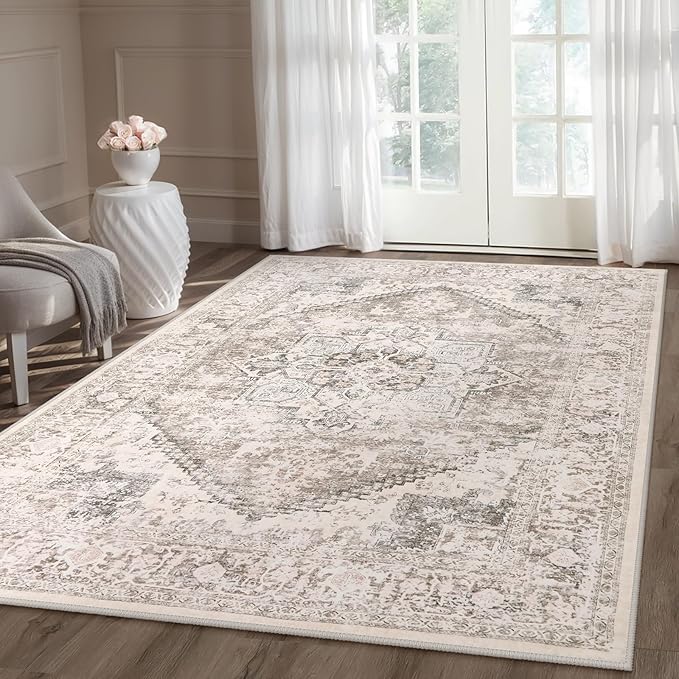 LIVEBOX 5x7 Area Rugs for Living Room, Washable Nursery Beige Neutral Boho Rug, Soft Non-Slip, Low-Pile Vintage Medallion, Retro Faux Wool for Dining Room, Bedroom, Office