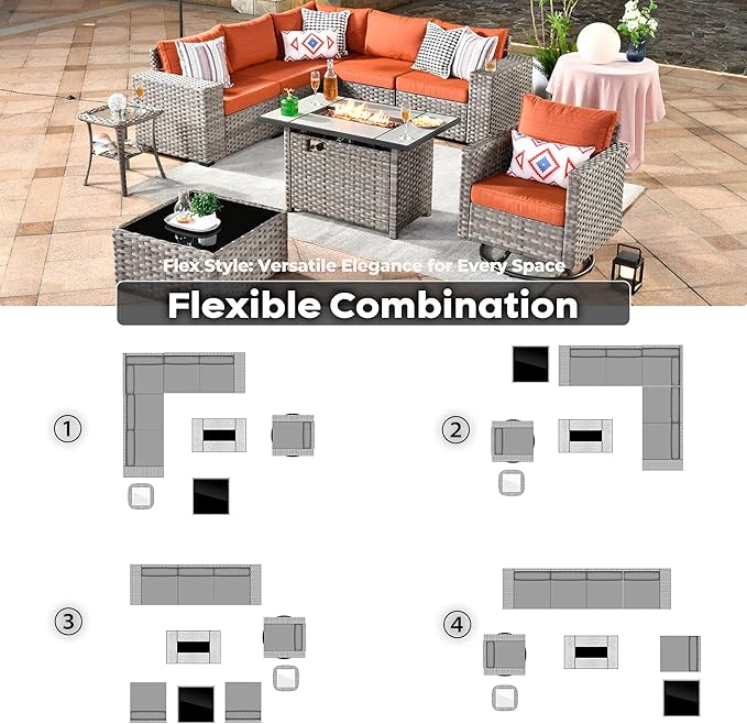 ovios 9 Pieces Patio Furniture Set, Outdoor Wicker Sectional Sofa with 42" Fire Pit Table Swivel Chair, Modern Modular Deep Seat Rattan Couch Conversation Sets, Orange Red