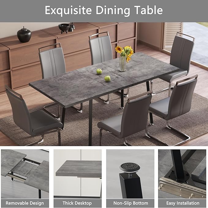 7 Piece Dining Table Set for 6-8,55-71" Extendable Dining Table Set with 6 Upholstered Chairs,Rectangle Kitchen Table Set for Small Space,Dining Room and Office,Grey