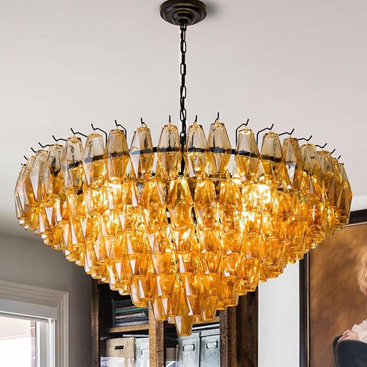 Modern Round Chandelier, 37" Extra Large Black Chandeliers for Dining Room, 14-Light with Tiered Smoke Glass Tubes Ceiling Light, Pendant Lighting Fixture for Living Room Bedroom Kitchen Island