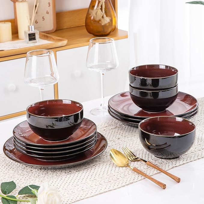 LERATIO Ceramic Dinnerware Sets for 8,Stoneware Plates and Bowls Sets,Handmade Reactive Glaze Dishes Set,Chip Resistant and Scratch Resistant | Oven&Dishwasher & Microwave Safe-Red (24PCS)