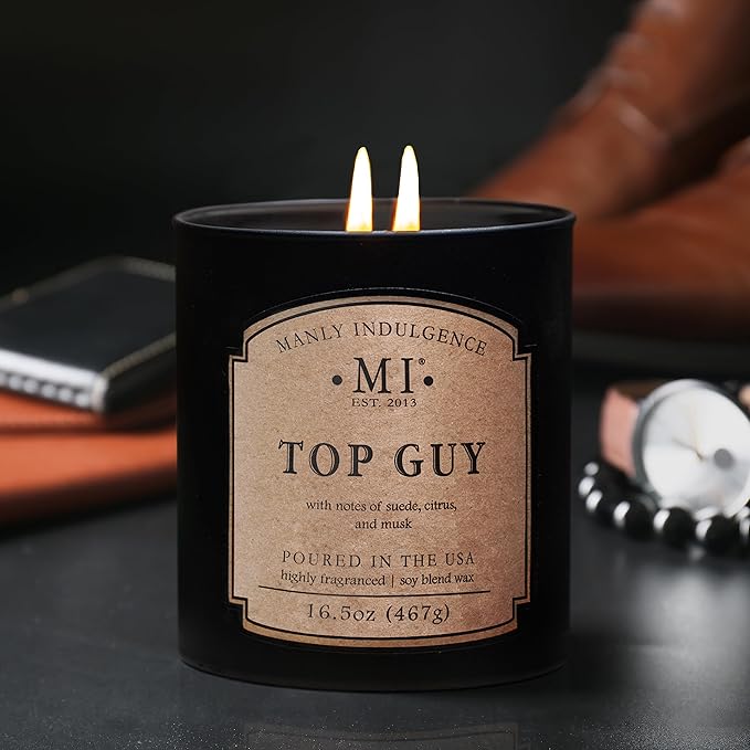 Manly Indulgence Top Guy Scented Candles for Men, 2 Wick, 16.5 oz, Premium Soy Blend Wax, 60H Burn, Candles for Home Scented - Made in The USA