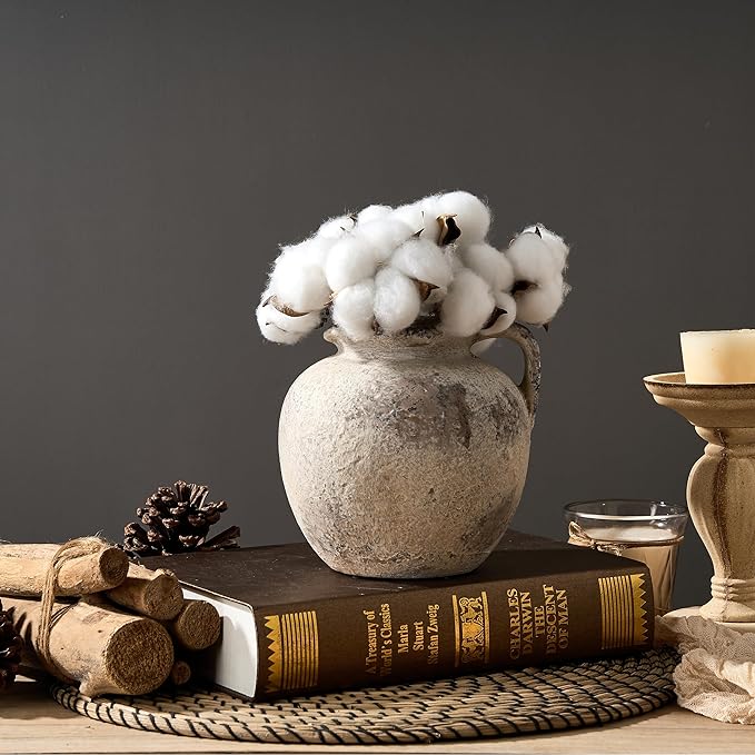 Antique Terracotta Vase with Handle, 5.6 Inch Farmhouse Ceramic Vase Boho Decor Decorative Vase, Rustic Vase for Home Decor, Living Room, Table, Wedding - Distressed Design, Gray