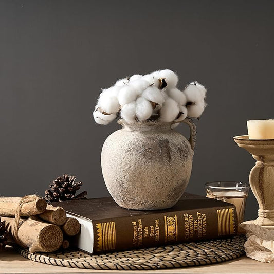 Antique Terracotta Vase with Handle, 5.6 Inch Farmhouse Ceramic Vase Boho Decor Decorative Vase, Rustic Vase for Home Decor, Living Room, Table, Wedding - Distressed Design, Gray