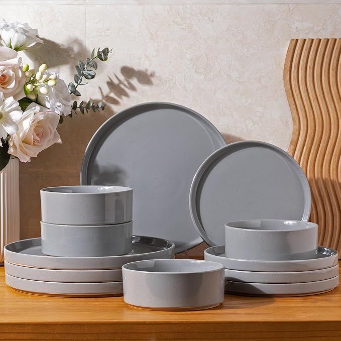 AmorArc Ceramic Dinnerware Set for 4 | Speckled Stoneware Plates and Bowls with unglazed terracotta | Scratch Resistant, Dishwasher & Microwave Safe Dishes Sets- 12-Pcs Gray