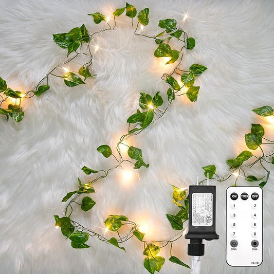 suddus Vine with Fairy Light Plug in, 33ft 100 LED Pothos String Lights Connectable with Remote, Leaf Lights for Bedroom, Room, Wall, Garden, Party, Wedding Decor (Warm White)