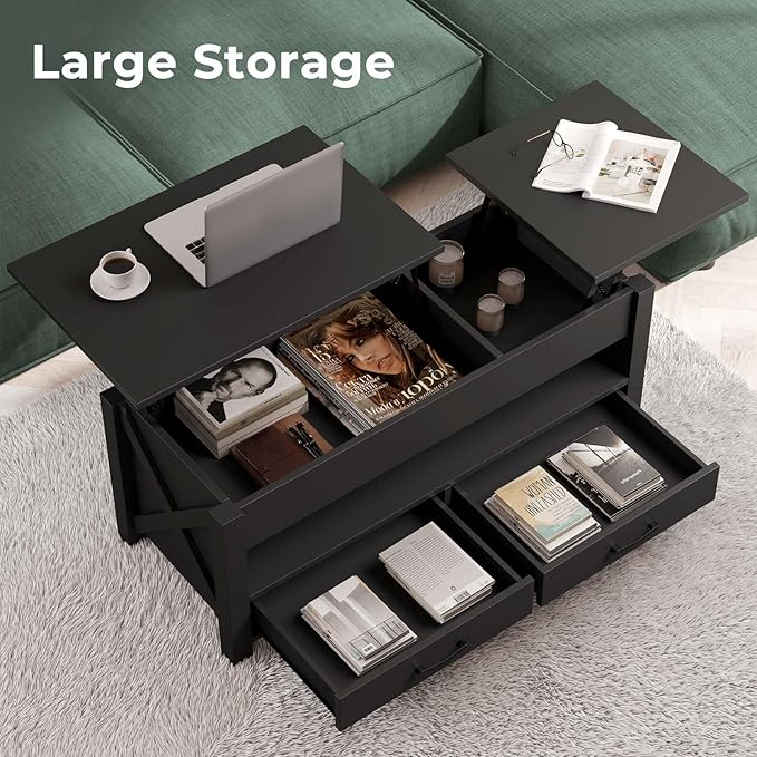 Seventable Coffee Table, 39.3" Lift Top Coffee Table with 2 Storage Drawers and Hidden Compartment, X Wood Farmhouse Support, Retro Center Table with Lift Tabletop for Living Room,Black