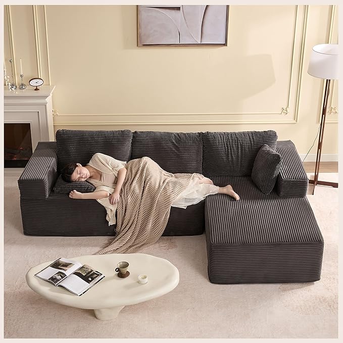 107" Boneless Couch with Deep Seat, Modular Sectional Sofa, Cloud Sectional Couch for Living Room, No Assembly Required, Corduroy, L-Shape Right，Grey