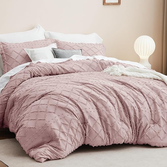 Bedsure Twin Comforter Set - Dusty Rose Comforter, Boho Tufted Shabby Chic Bedding for Kids, 2 Pieces Vintage Farmhouse Bed Set for All Seasons, Fluffy Soft Bedding with 1 Pillow Sham