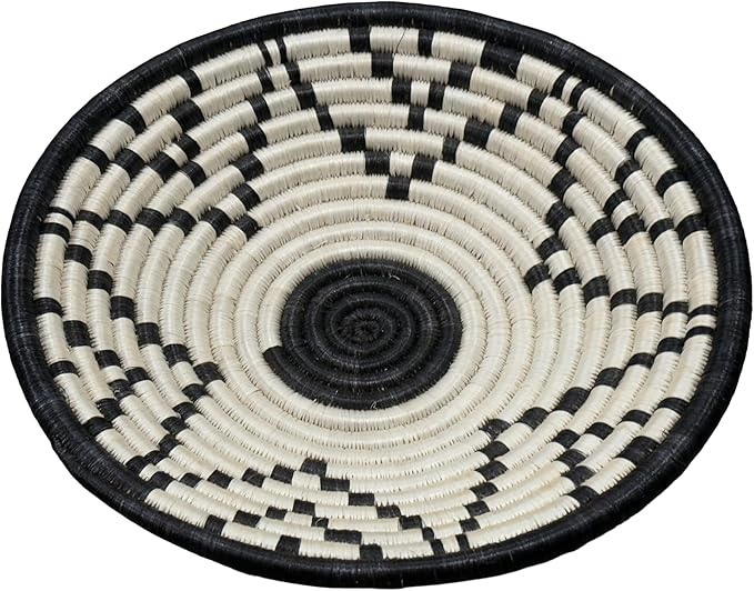 Handwoven African Basket Handmade sisal Fruit Bowl Wall Hanging decorative Baskets for Home Living Room Kitchen Centerpiece Zen Designs Arts and Crafts (Black White, 12in diameter)