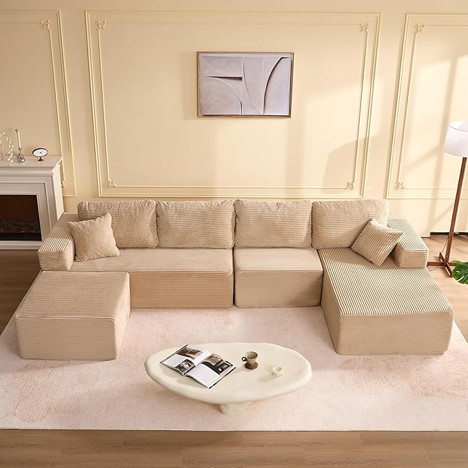 138" Boneless Couch with Deep Seat, Modular Sectional Sofa, Cloud Sectional Couch for Living Room, No Assembly Required, Corduroy, U-Shape 4 Seater Right, Camel