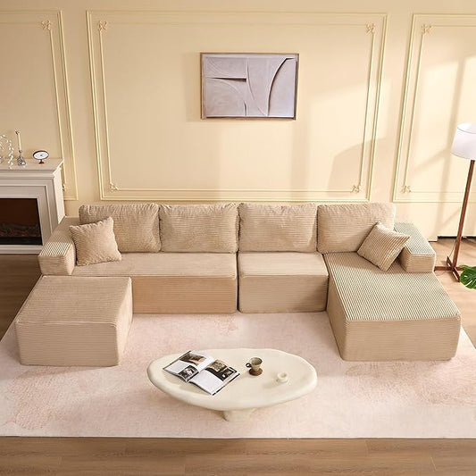 138" Boneless Couch with Deep Seat, Modular Sectional Sofa, Cloud Sectional Couch for Living Room, No Assembly Required, Corduroy, U-Shape 4 Seater Right, Camel