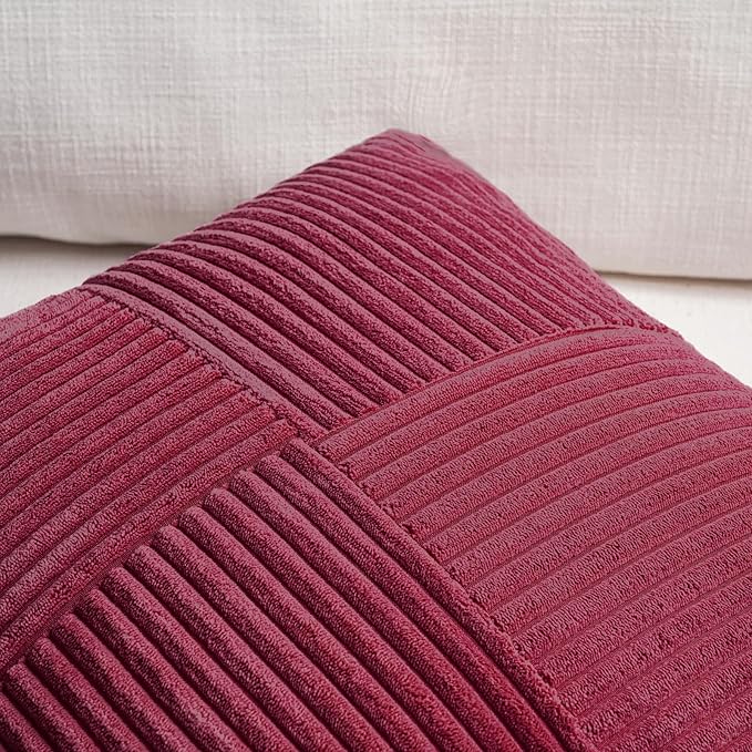 Fancy Homi 2 Packs Burgundy Red Decorative Throw Pillow Covers 16x16 Inch for Living Room Couch Bed, Rustic Farmhouse Boho Home Decor, Soft Corss Patchwork Corduroy Textured Cushion Case 40x40 cm