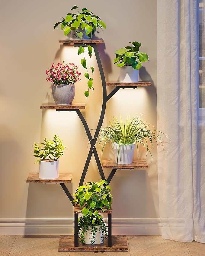 Plant Stand Indoor with Grow Light, 7-Tier Flower Plant Holder, 46.5” Tall Corner Plant Display Rack, Dimmable Grow Light with Timer, for Living Room, Balcony, Patio, Rustic Brown and Black TCJ40DBF
