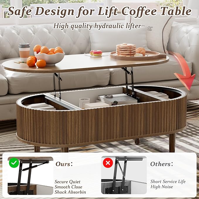 EAG Fluted Lift Top Coffee Table with Hidden Compartment, 39 Inch Modern Oval Coffee Table with 3 Storage, Fully Wooden Assembled Center Table for Living Room, Office, Walnut
