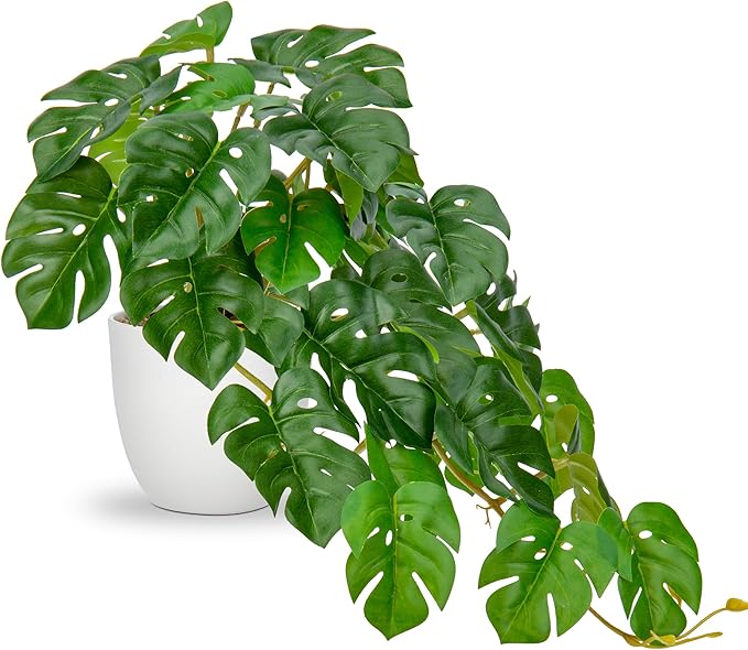 DILATATA Fake Plants Indoor 9 Inch Artificial Monstera Plant in White Plastic Pot - Faux Potted Tropical Palm Plant for Home Aesthetic Decor Living Room Shelf Office