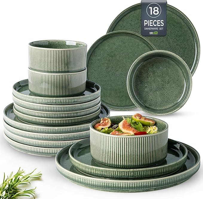 GBHOME Stoneware Dinnerware Sets for 6,Round Reactive Glaze Ceramic Plates and Bowls Set,Highly Scratch Resistant| Dishwasher & Microwave Safe Dishes Set,Service for 6(18Pcs)