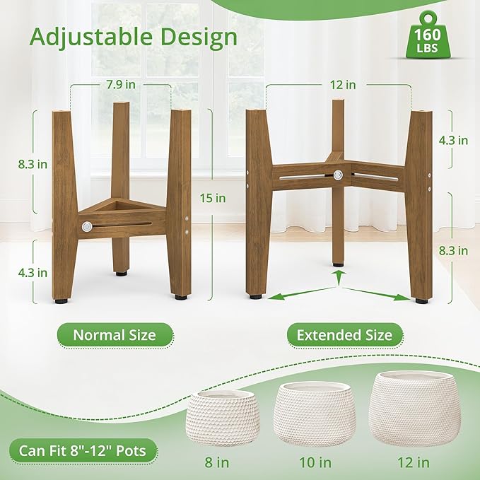 LUE BONA HDPS Plant Stand, Adjustable Plant Stand Indoor for 8-12 Inches Pots, Mid Century Modern Plant Holder for Indoor, Outdoor, Teak Finish