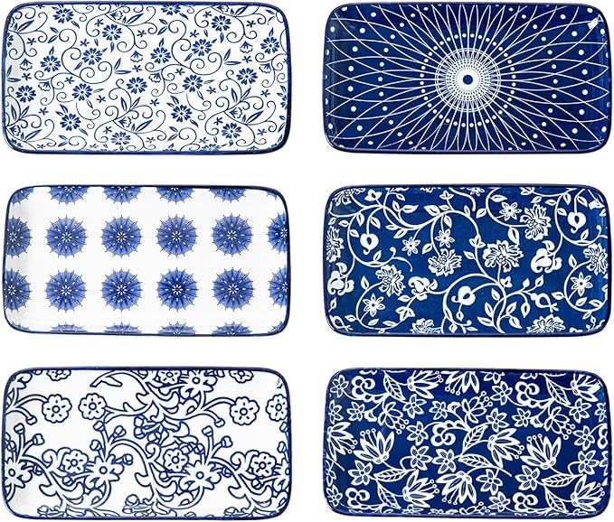 Rectangle Serving Platter Set - 8 Inch Ceramic Dinner Plates Rectangular Serving Trays for Sushi Salad Dessert Pasta Appetizer - Oven Microwave Dishwasher Safe - Set of 6 - Vintage Blue