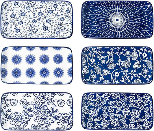 Rectangle Serving Platter Set - 8 Inch Ceramic Dinner Plates Rectangular Serving Trays for Sushi Salad Dessert Pasta Appetizer - Oven Microwave Dishwasher Safe - Set of 6 - Vintage Blue