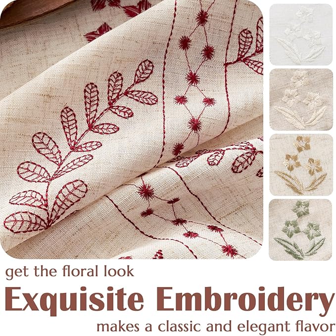 jinchan Belrose Linen Curtains for Bedroom Floral Curtains 96 Inch Length Linen Blend Burgundy Red Embroidered Drapes Farmhouse Flower Patterned Drapes for Living Room Window Treatments Set 2 Panels