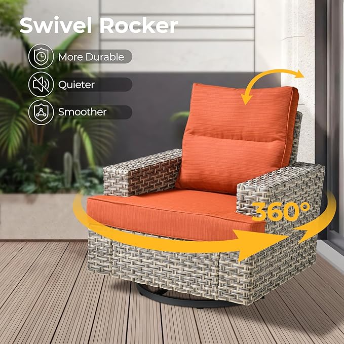 HOOOWOOO Outdoor Sectional Patio Furniture Set with Fire Pit Table,13 Pieces Wicker Conversation Sets L Shaped Couch,Extra Deep Out Door Sofa Outside Furniture with Swivel Chairs Ottomans,Brick Red