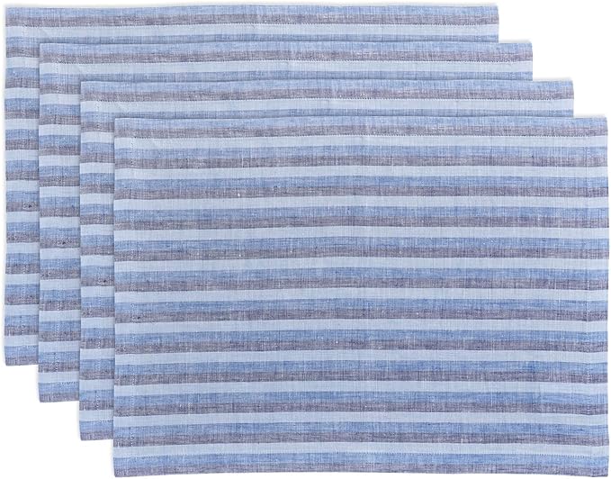 Solino Home Linen Cloth Placemats Set of 4 - Amalfi Stripe 100% Pure Linen Bistro Blue Farmhouse Placemats 14 x 19 Inch