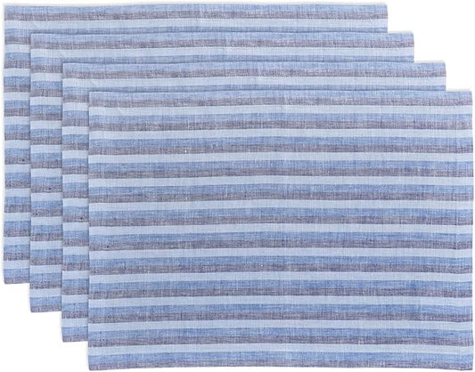 Solino Home Linen Cloth Placemats Set of 4 - Amalfi Stripe 100% Pure Linen Bistro Blue Farmhouse Placemats 14 x 19 Inch