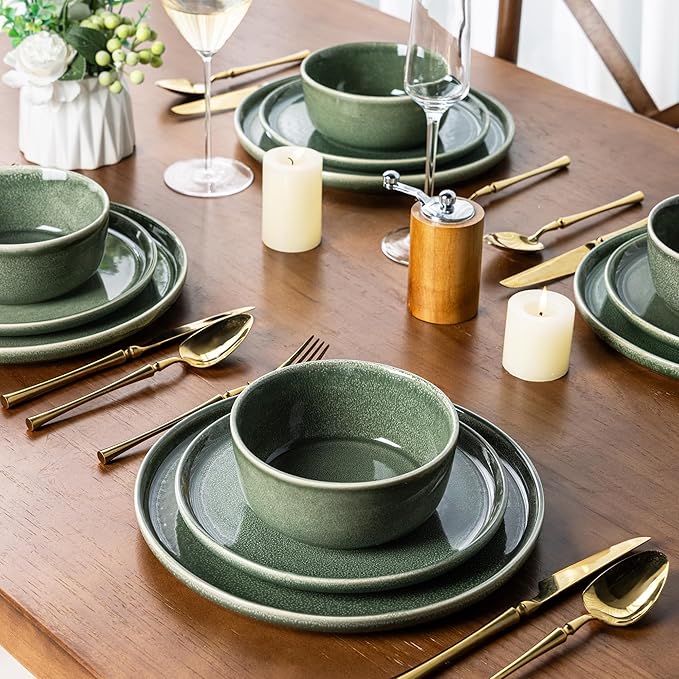 AmorArc Stoneware Dinnerware Sets,Round Reactive Glaze Ceramic Plates and Bowls Set,Highly Scratch Resistant | Dishwasher & Microwave Safe Dishes,Service for 6 (18pc) Jade Green