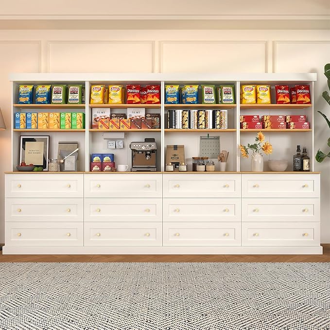 71" Tall Farmhouse Kitchen Pantry, Large Storage Cabinet with Drawers, Freestanding Coffee Bar Hutch with Microwave Stand, Adjustable Shelves for Kitchen, Living Room, White 4 Pcs