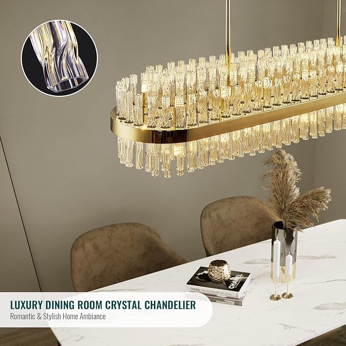 Siljoy Modern Crystal Chandelier Gold Rectangular 2-Tiers K9 Crystal Raindrop Chandelier Luxury Oval Crystal Ceiling Light Fixture for Dining Room Living Room Kitchen Bar L47'', G9 x 28