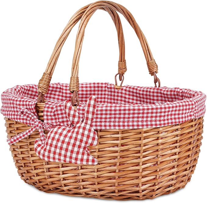 G GOOD GAIN Wicker Picnic Basket with Double Folding Handles,Willow Picnic Hamper,Natural Hand Woven Easter Basket,Easter Eggs and Candy Basket,Bath Toy and Kids Toy Storage,Gift Packing Basket.Red