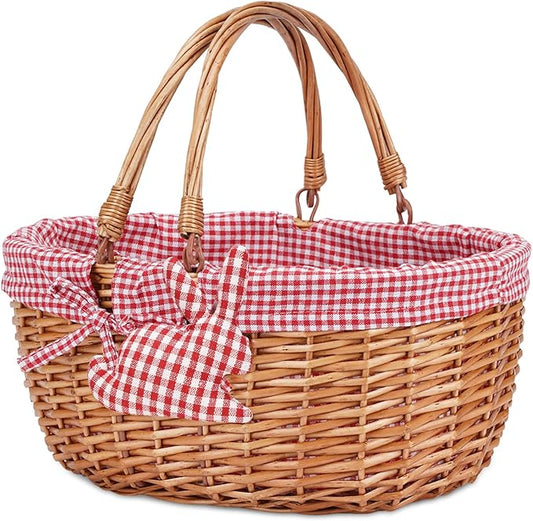 G GOOD GAIN Wicker Picnic Basket with Double Folding Handles,Willow Picnic Hamper,Natural Hand Woven Easter Basket,Easter Eggs and Candy Basket,Bath Toy and Kids Toy Storage,Gift Packing Basket.Red