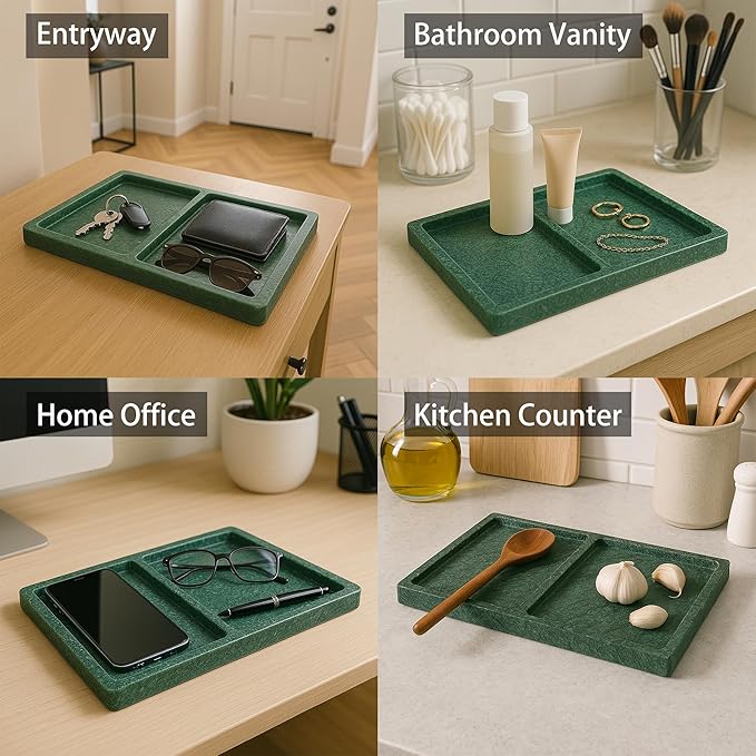 11.81"x7.87" Marble Decorative Tray with 2 Compartments – Catchall Organizer for Jewelry, Soap, Cosmetics – Polished Green Stone Vanity Tray for Bathroom, Dresser, Entryway, Office Decor