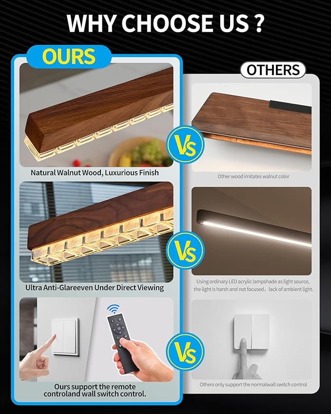 47" Wood Linear Pendant Light, Dimmable Kitchen Island Lighting with Remote, 30W LED Island Lights for Kitchen, Adjustable Linear Chandelier for Dinning Room Light Fixture,Pool Table Light - Walnut