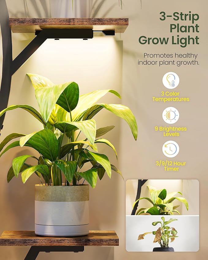 Plant Stand Indoor with Grow Light, 7-Tier Flower Plant Holder, 46.5” Tall Corner Plant Display Rack, Dimmable Grow Light with Timer, for Living Room, Balcony, Patio, Rustic Brown and Black TCJ40DBF