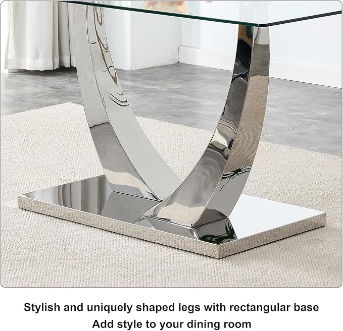 63” Dining Set Table and 4 Chairs,Glass Dining Table Set for 4, Tempered Glass Kitchen Table and PU Leather Chairs, Chrome Silver Dining Room Table Set for4